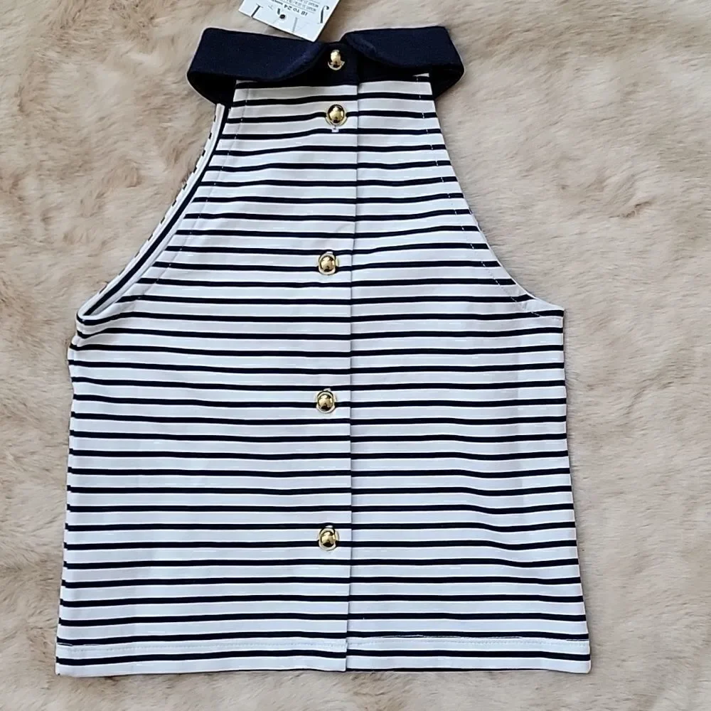 Janie AND JACK NAVY BLUE AND WHITE STRIPED HALTER TOP, SIZE 18-24 MONTHS - NEW!